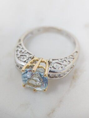 14K Two Tone Gold Aquamarine Diamond Ring approx. 2ct Cushion Size 6.5